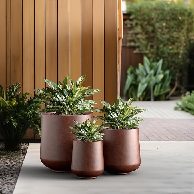 Kante Set of 3 Rusty Concrete Curved Planters 16.5" 13" 9.4" Dia | Drainage - Image 5