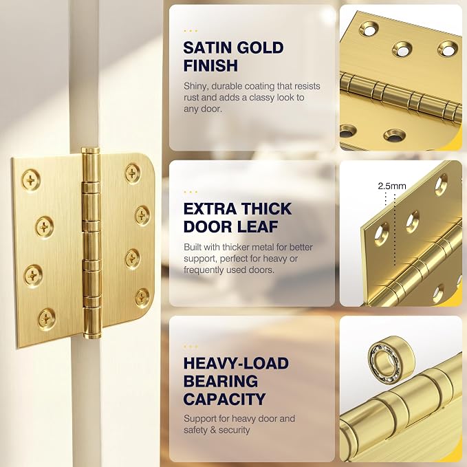 KOLET Ball Bearing Door Hinges, 4 x 4 Inches, Brushed Gold, 6 Pack | Heavy Duty - Image 6