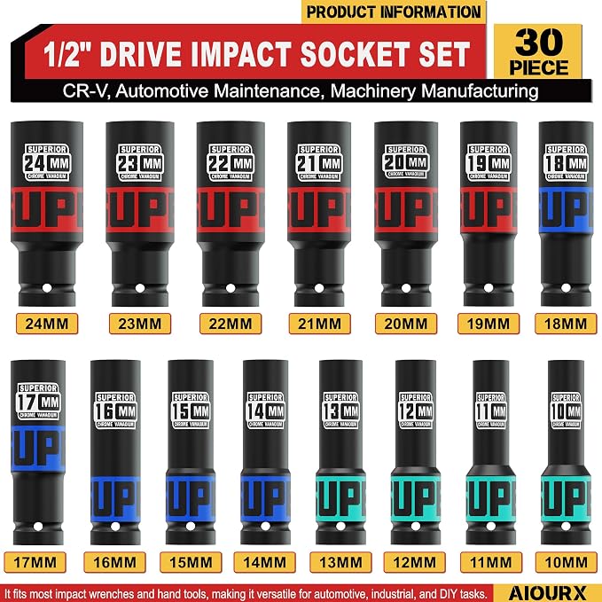 30 Piece 1/2" Drive Impact Socket Set, SAE and Metric Deep Socket, Including - Image 2