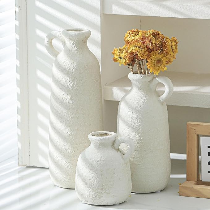 Ceramic Vase Set of 3 with Handle, Neutral Rustic Vases Home Decor Farmhouse - Image 6