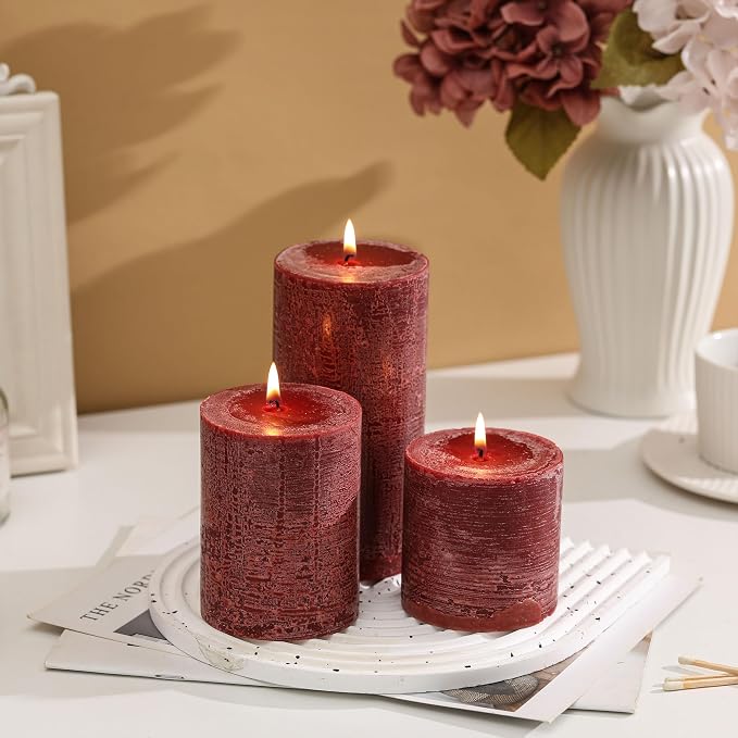 3x6 Inch Burgundy Pillar Candles Set of 3 - Image 2