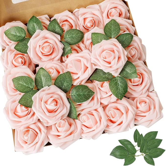 AmyHomie Blush Pink Rose 50pcs Real Looking Artificial Flowers w/Stem | Bouquet by AmyHomie