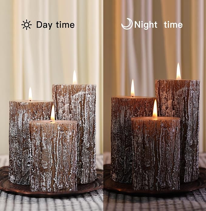 Rustic Pine Tree Pillar Candle Set of 3, Unscented Home Decor | Assorted Size - Image 7