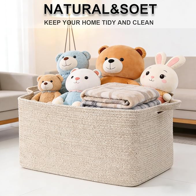 96L Woven Laundry Basket with Handles, Extra Blanket Basket, Living Room - Image 8