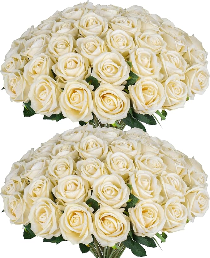 50 PCS Fake Champagne Roses, Artificial Flowers Bulk, Realistic Silk Roses | by Jefuzh