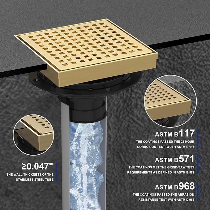 6 Inch Brushed Gold Square Shower Drain - Image 7