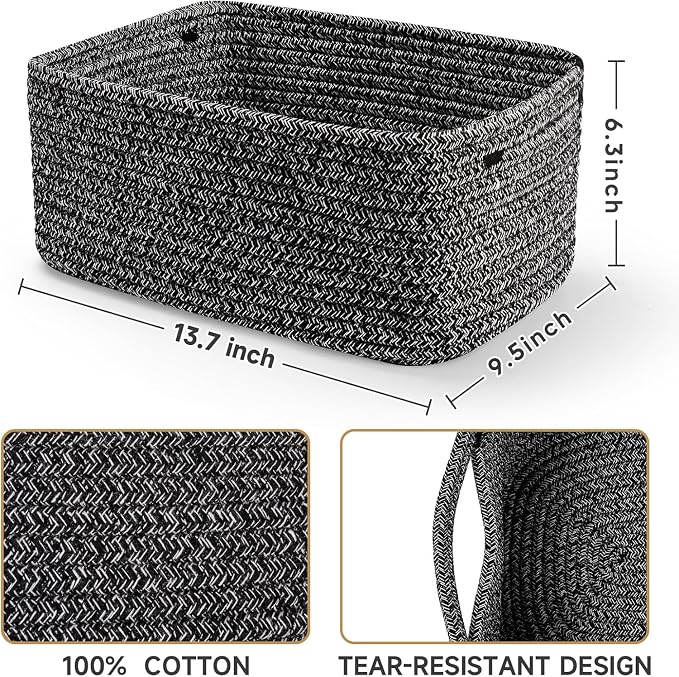3 Pack Storage Baskets for Organizing, 13.7×9.5×6.3", Mixed Black | Woven - Image 3