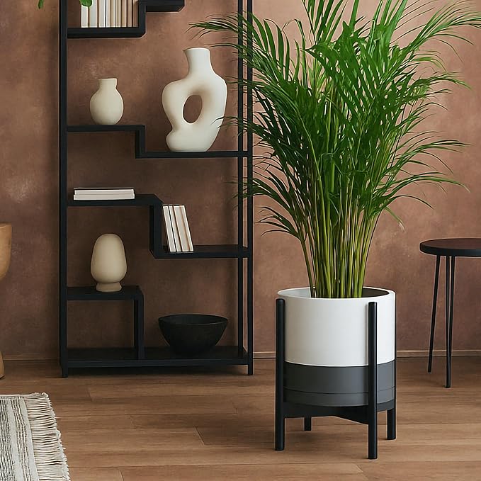 D'vine Dev Ceramic Pot with Ebony Wood Stand, 12 in, 55-B-H-6 | Mid-Century - Image 4