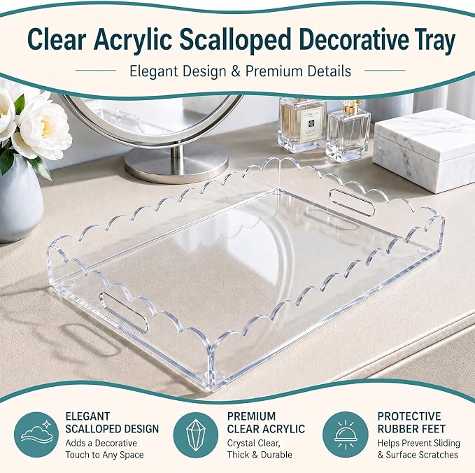 17 x 12 Inch Scalloped Clear Acrylic Serving Tray - Image 3