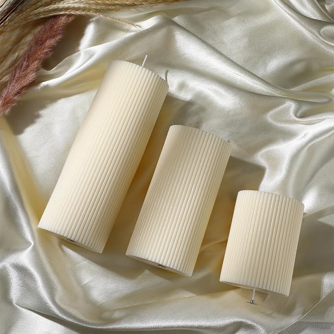 Conelist Ribbed Pillar Candles Set of 3, Width 3" High 4" 6" 8" - Image 3