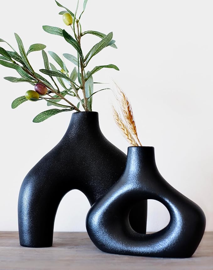 Carrot's Den Black Ceramic Modern Vase Set of 2, Donut Shelf Decor, mantel by CarrotsDen