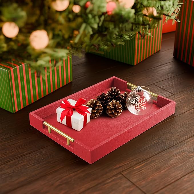 ATZYmolin 17"x12" Leather Serving Tray, Polished Metal Handles, Coffee Table - Image 3