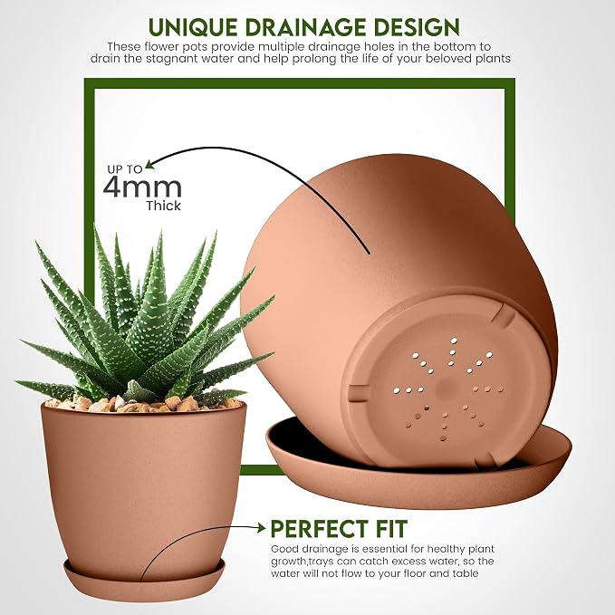 Plant Pots Indoor with Drainage, 5 Pack Multi-Size Planters Set, Terracotta | - Image 4