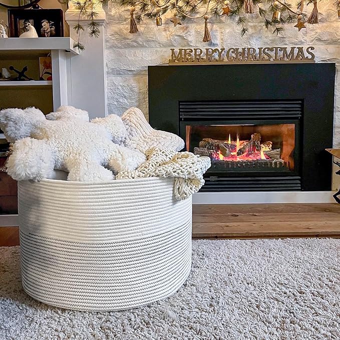 INDRESSME XXXLarge Woven Rope Blanket Basket Living Room White, 90L | 21.7" x - Image 2