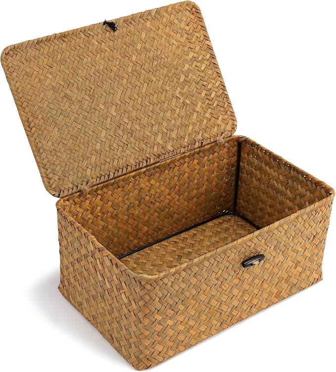 Nonam Small Wicker Basket with Lid, Seagrass Shelf Storage Basket, Natural | by Home