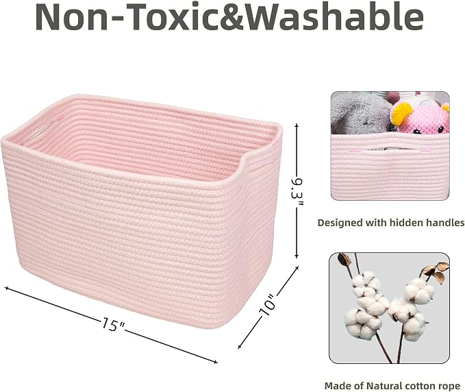 XUANGUO Woven Cotton Rope Storage Baskets 15x10x9.3" 3 Pack Light Pink | - Image 2