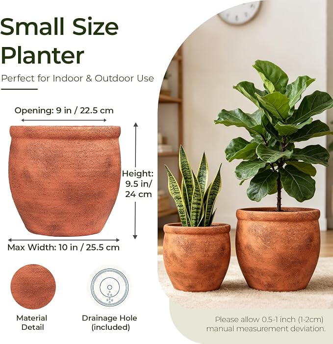 9" Dia Fiberstone Planter – Distressed Terracotta Decorative Flower Pot - Image 3