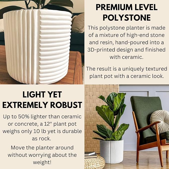 Fox & Fern Large Planter for Indoor or Outdoor, Matte White, 12 Inch | UV & - Image 3
