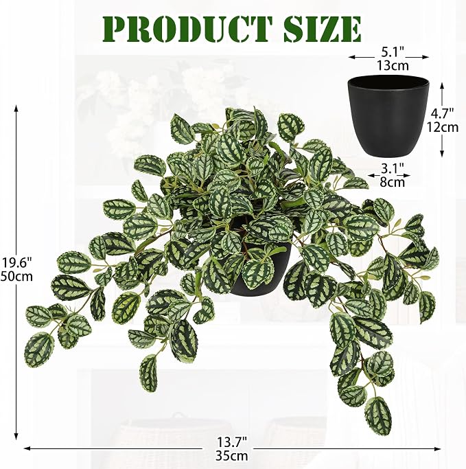Briful Artificial Potted Plant Indoor, 19.6" Faux Watermelon Peperomia Trailing - Image 2