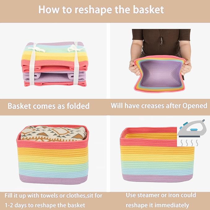 XUANGUO Woven Cotton Rope Storage Baskets 15x10x9.3" 3 Pack Rainbow | Colorful - Image 7