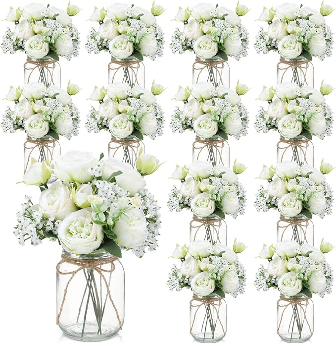 12 Sets Mason Jar Flowers Centerpiece Table Decorations, Artificial Peony by Zeyune