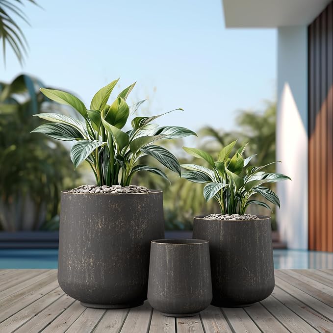 Kante Set of 3 Vintage BRN Concrete Curved Planters 16.5" 13" 9.4" Dia | - Image 3