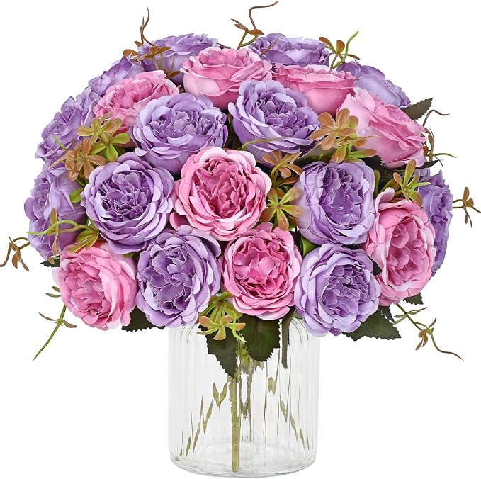 2 Packs Peonies Artificial Flowers, Dark Purple Silk Artificial Peonies | Fake by MARTINEMALL