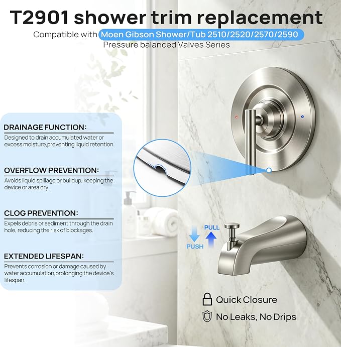 T2901 Shower Trim Kit with Tub Spout, Compatible with Moen Gibson Posi-Temp - Image 7