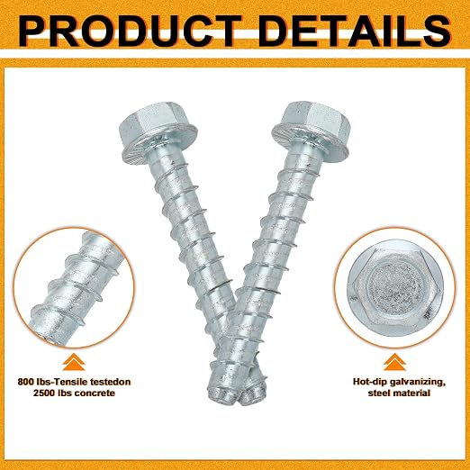 Hicarer 150 Pack 3/8 x 3 Inch Concrete Screws Galvanized Concrete Anchors | 3/8 - Image 3