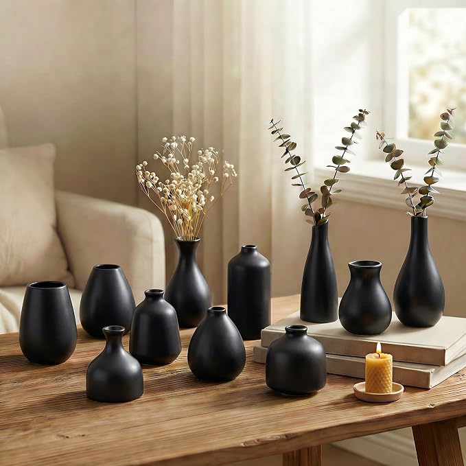 Black Bud Vases, Small Ceramic Vase Set of 11, Mini Pottery Vases by Unknown