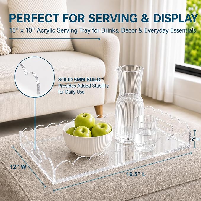 17 x 12 Inch Scalloped Clear Acrylic Serving Tray - Image 2