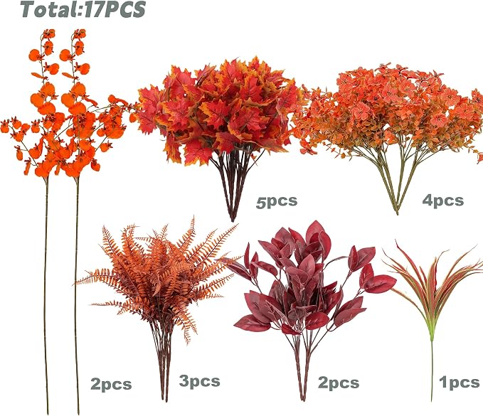 17PCS Artificial Fall Flowers Outdoors, Autumn Faux Orchids & Mums Outside | UV - Image 2