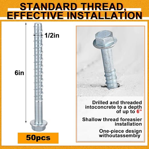 Hicarer 50 Pack 1/2 x 6 Inch Concrete Screws Galvanized - Image 2