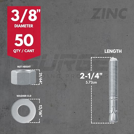 3/8" x 2-1/4" Zinc-Plated Wedge Anchors - Image 2