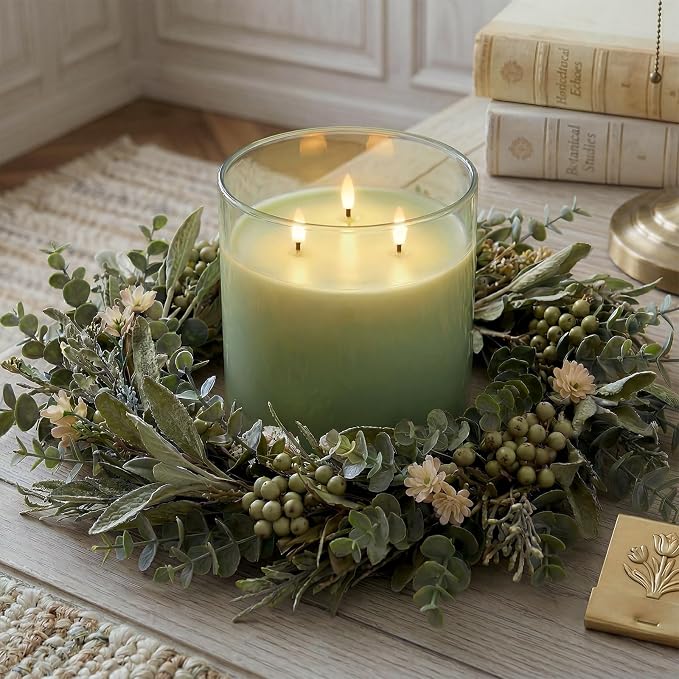 Homemory Sage Green Large Glass Flameless LED Candle, 3 Wicks, Remote Timer | - Image 3