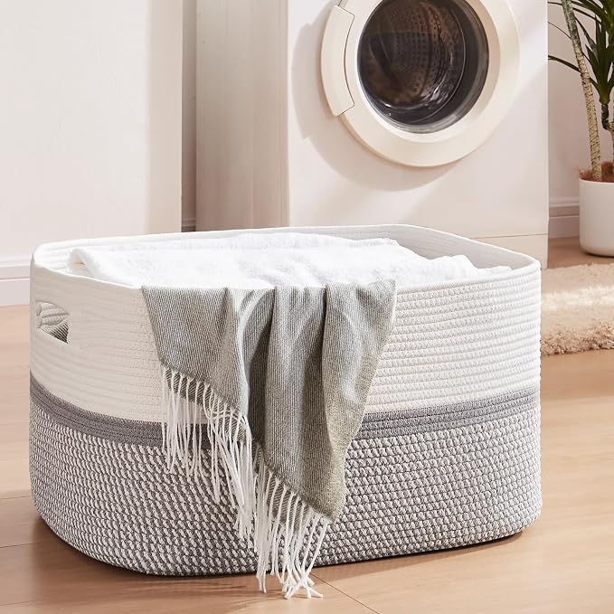 OIAHOMY Blanket Basket Laundry Basket Dog Toy Basket 75L Grey/White | Large - Image 2