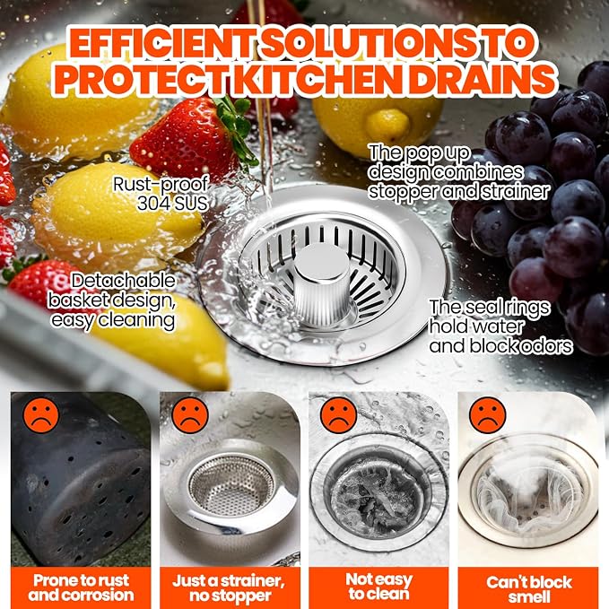 3 in 1 Kitchen Sink Drain Strainer and Stopper Brushed Silver - Image 6