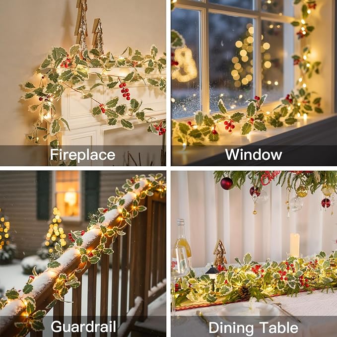 String Light with Red Berries&Holly Leaf Battery Powered Copper Wire | 12.5FT - Image 2