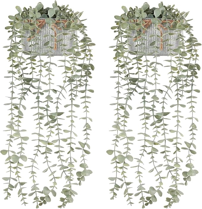 Mkono Fake Hanging Plants in Farmhouse Galvanized Pots by Mkono
