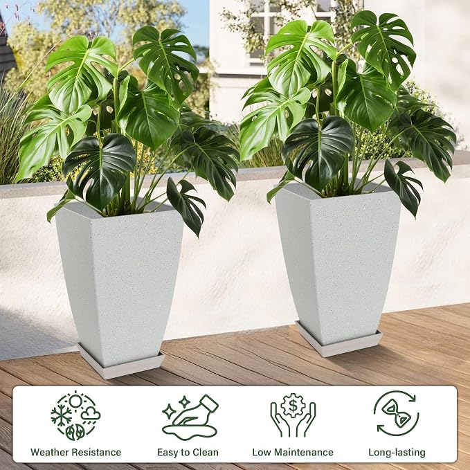 Neoaider Set of 2 Tall Planter, 21 inch Large Plastic Planter, Bluish Gray | - Image 2
