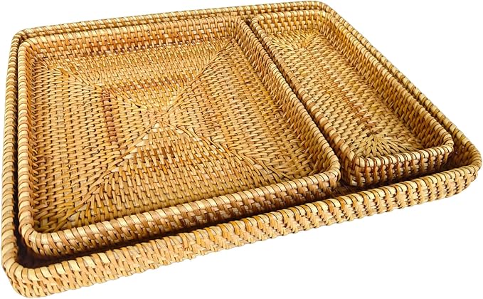 i-lan 17" Large Rattan Nesting Serving Trays, Handwoven Wicker Set of 3 | - Image 7
