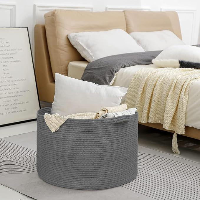 Large Dark Grey Storage Basket, Woven Cotton Rope Baskets - Image 6