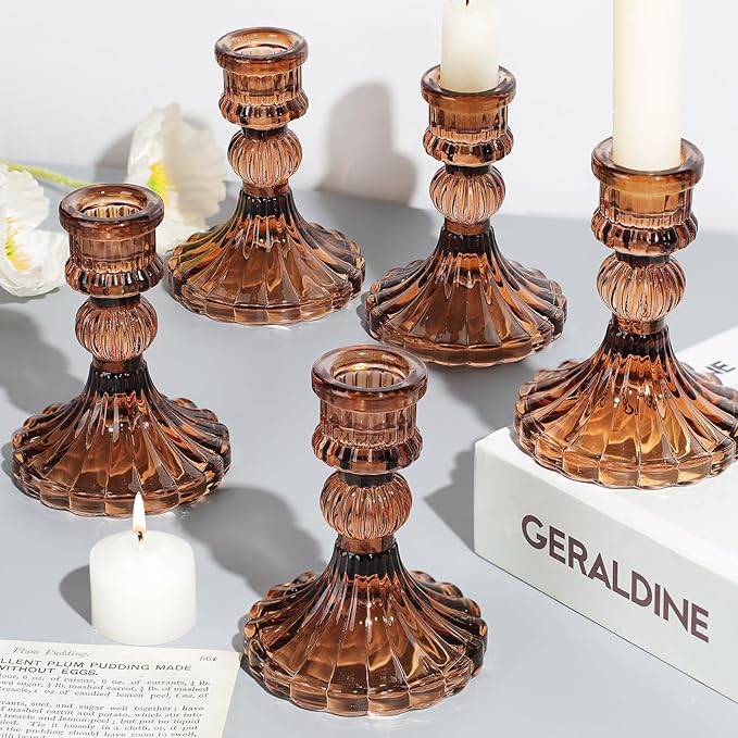 12PCS Amber Candlestick Holders Set- 4" H Taper Candle Holders, Glass Candle by DARJEN