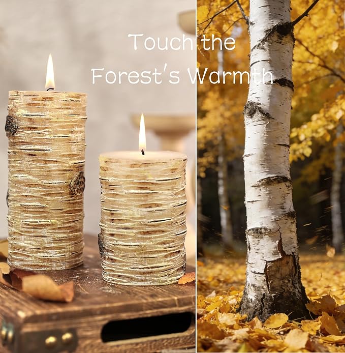 Birch Bark Pillar Candle Set of 3, Real Wax Fireplace Decor Candles | Assorted - Image 2