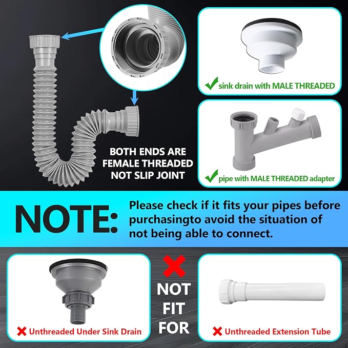 Sink Drain Pipe Kit, 1 Pack Flexible Drain Pipe P Trap, 12.79"-35.03" Flexible - Image 3