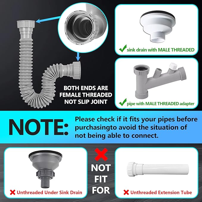 Sink Drain Pipe Kit, 1 Pack Flexible Drain Pipe P Trap, 8.46"-20.67" Flexible P - Image 3