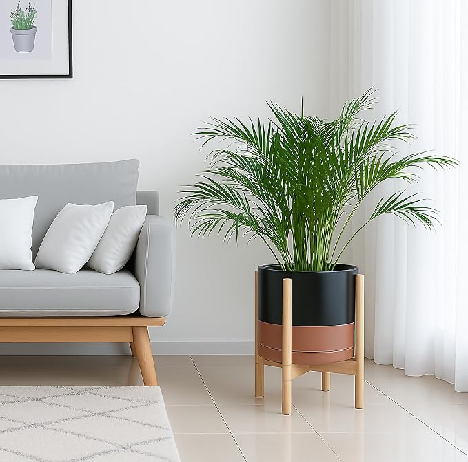 D'vine Dev Ceramic Pot with Natural Wood Stand, 12 in, 55-B-J-7 | Mid-Century - Image 4