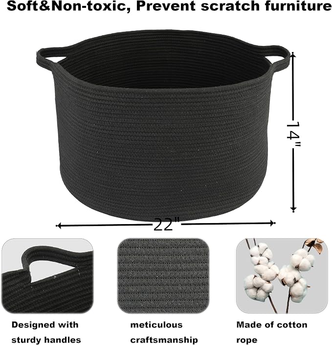 XUANGUO Extra Large Cotton Rope Round Storage Basket 22" x 14" Black | Woven - Image 2