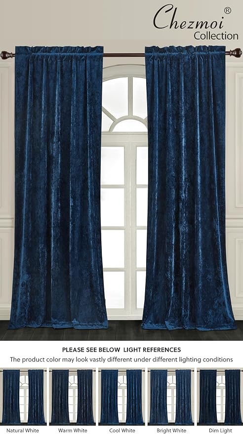 Chezmoi Collection Lux Navy Blue Crushed Velvet Curtains 2 Panel Set - Image 5