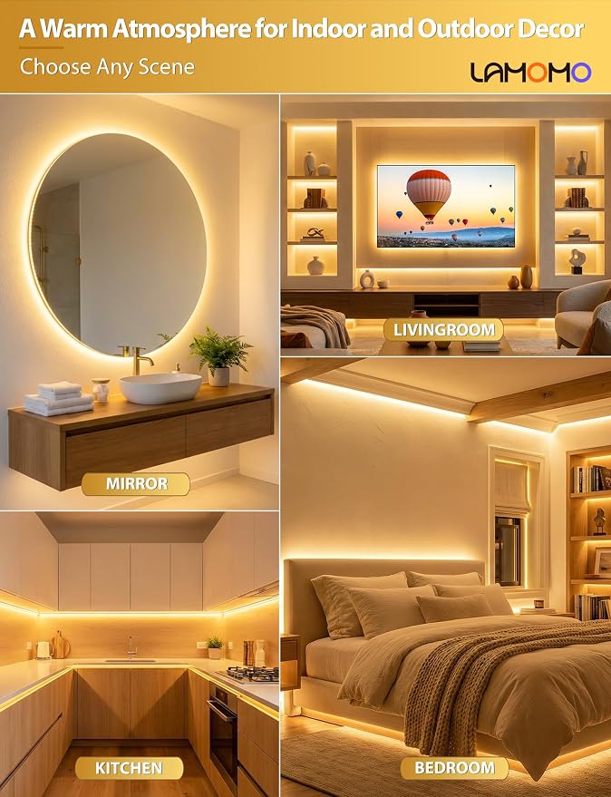 Lamomo COB LED Strip Lights Pro, 32.8Ft Warm White Dimmable Self-Adhesive Led - Image 7